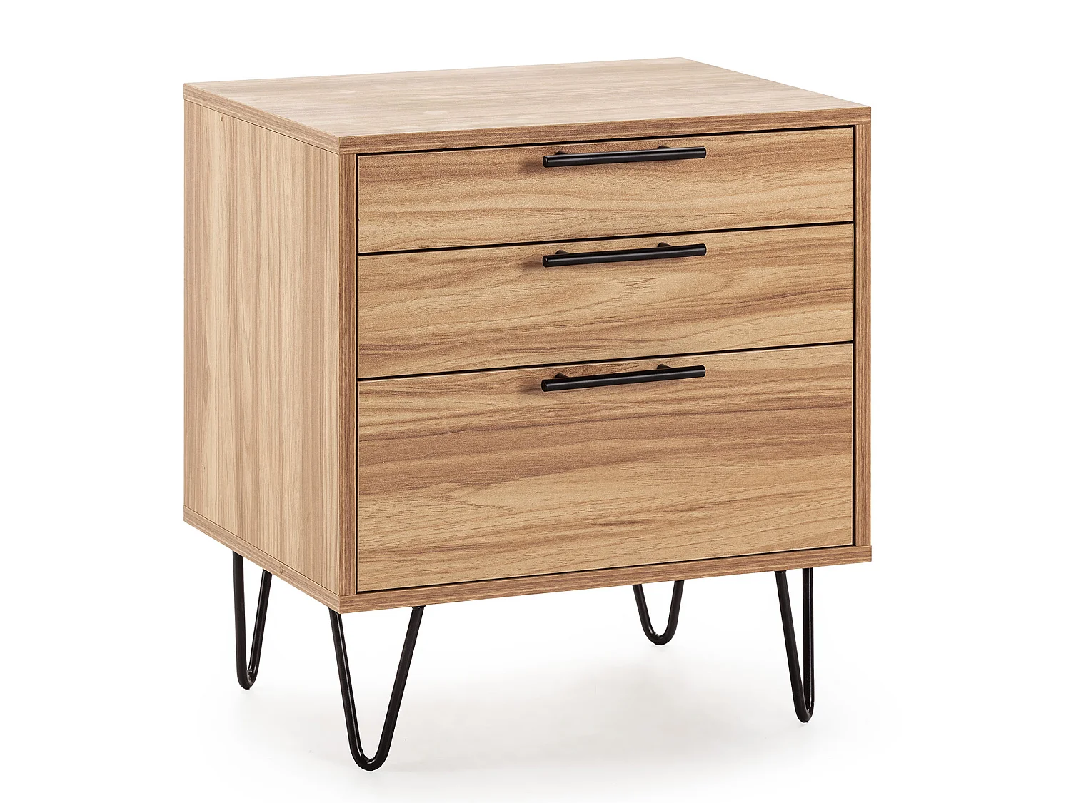 Table de chevet Alma 3 tiroirs couleur bois, pieds métal