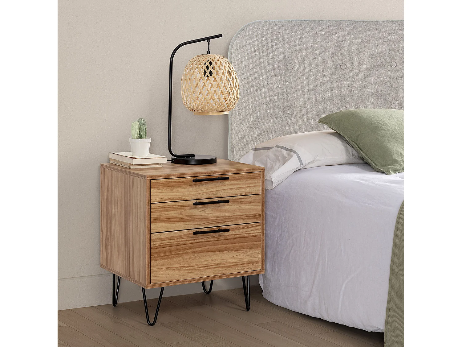 Table de chevet Alma 3 tiroirs couleur bois, pieds métal