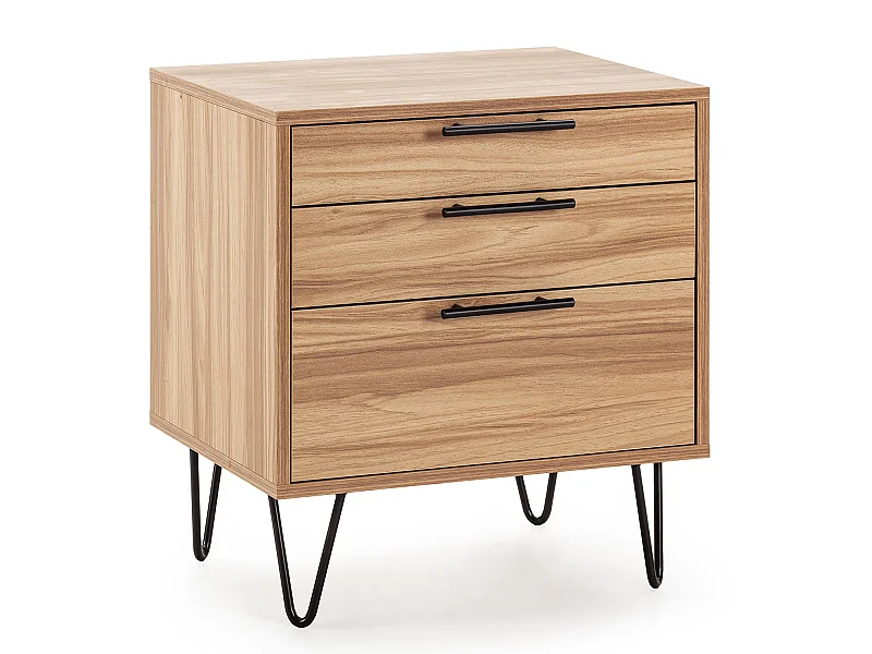 Comodino Alma 3 cassetti colore legno, piedini in metallo