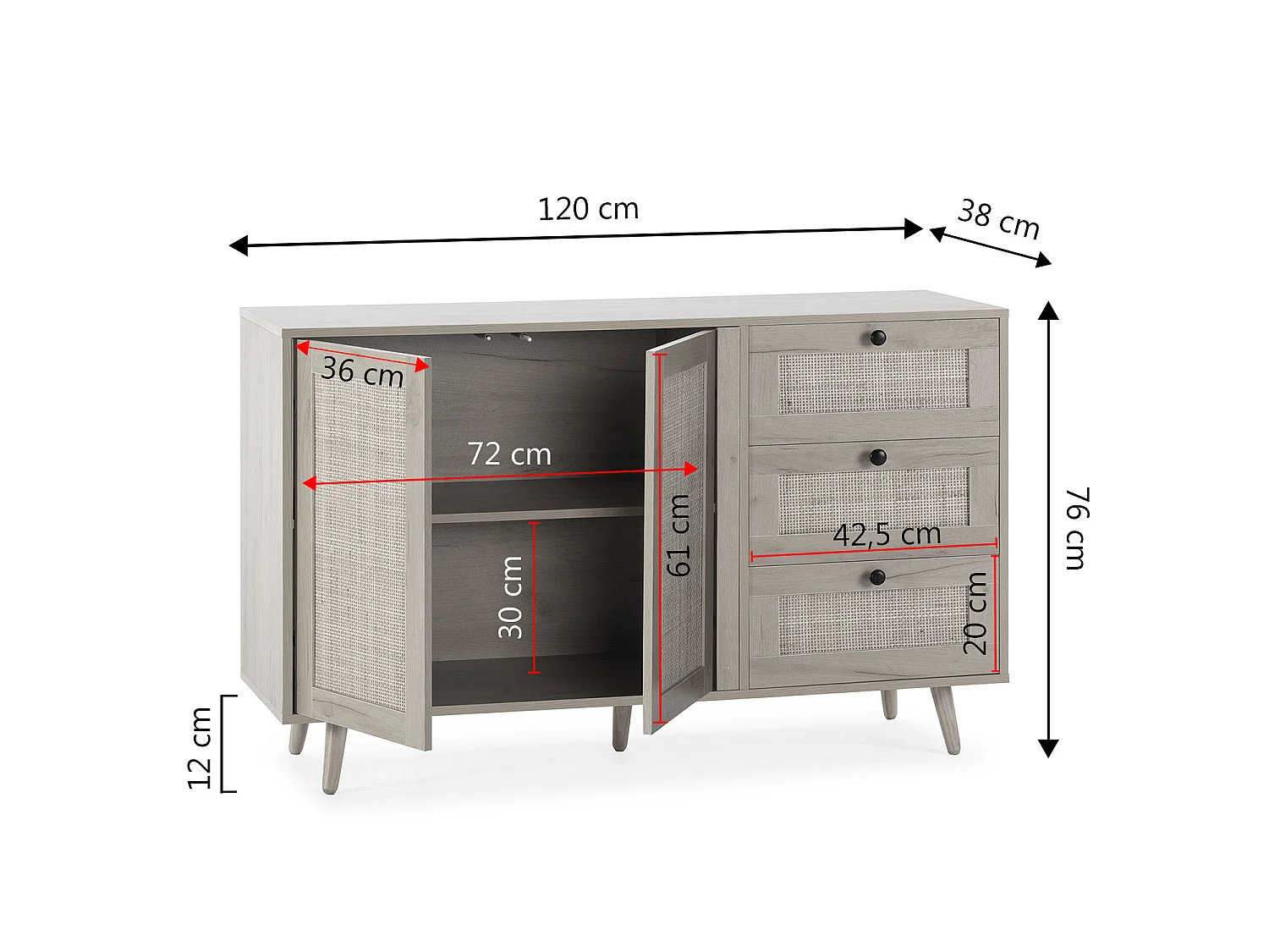 Buffet Bella 3 tiroirs et 2 portes en chêne, 120 cm