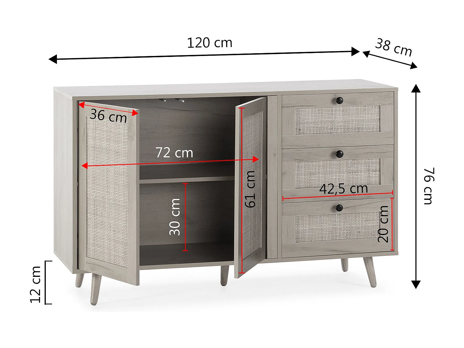 Dressoir Bella 3 laden en 2 deuren eiken kleur, 120 cm