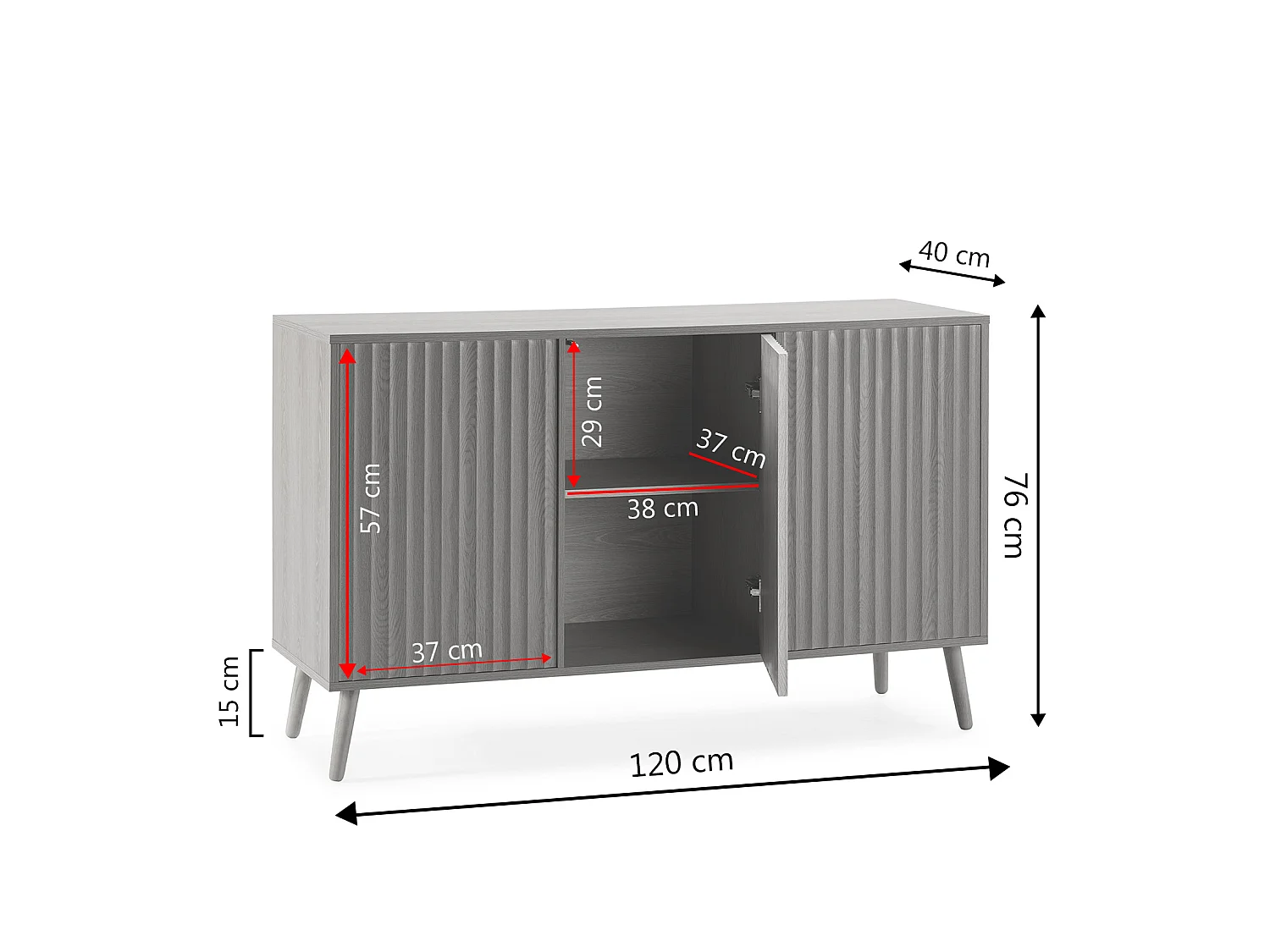 Buffet Lluvia 3 portes en chêne, largeur 120 cm