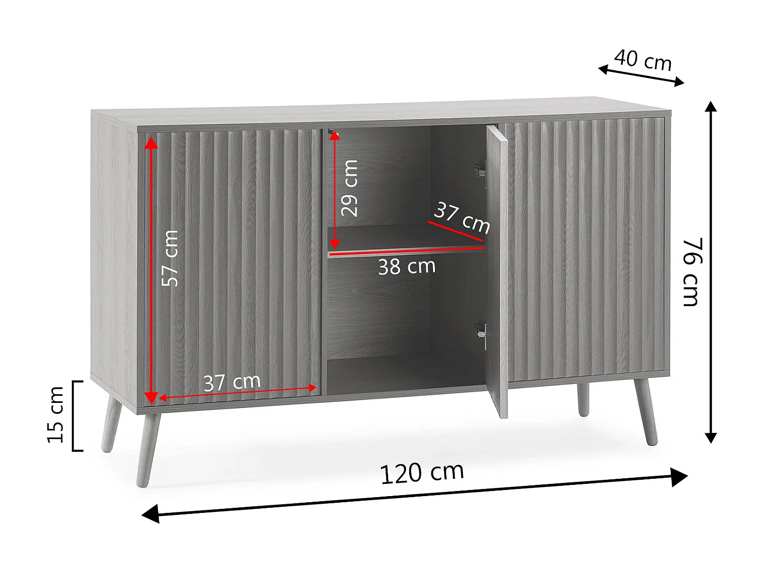 Sideboard Lluvia mit 3 Eichentüren, 120 cm breit