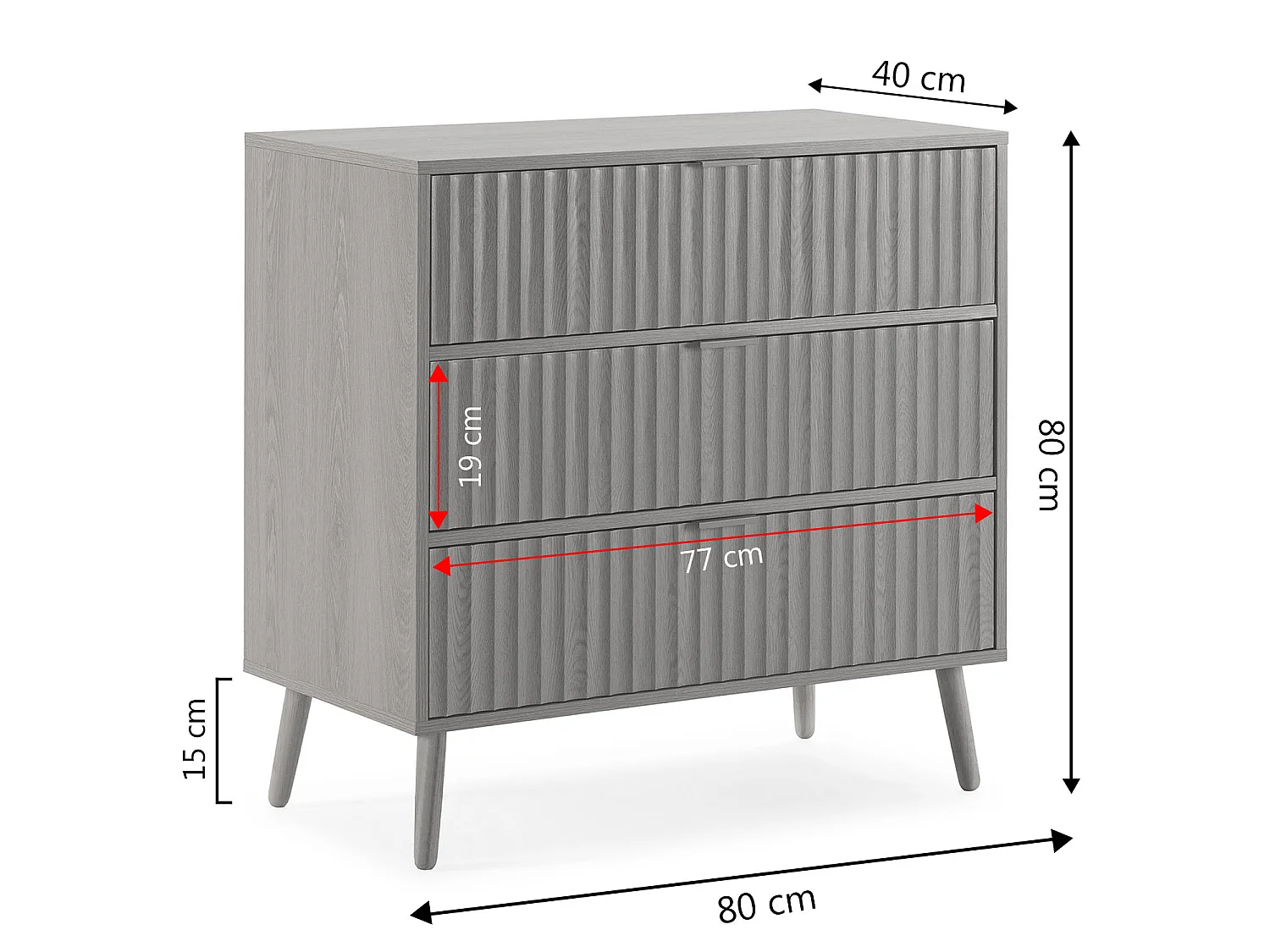 Commode de nuit Lluvi 3 tiroirs coloris chêne, largeur 80 cm