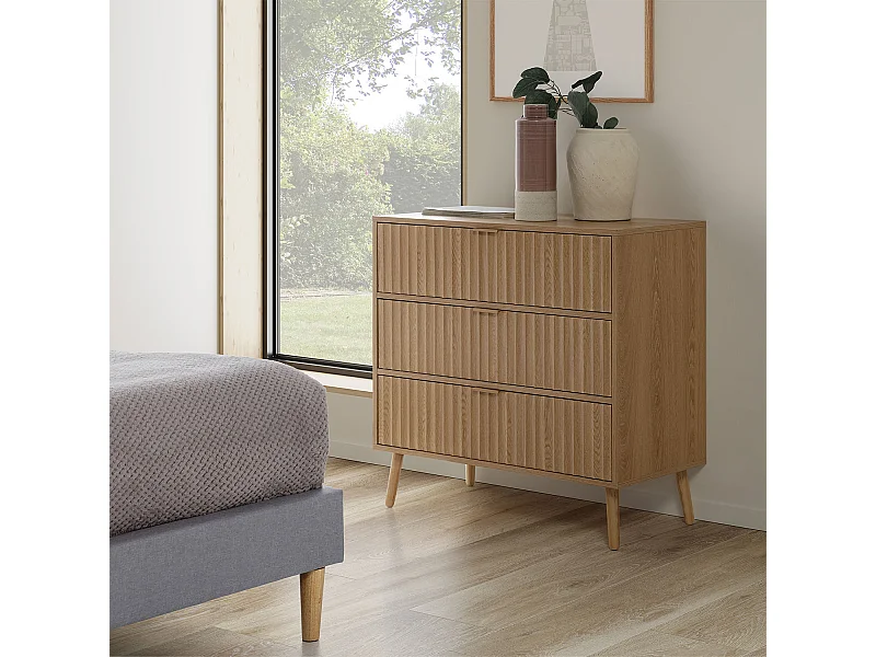 Commode de nuit Lluvi 3 tiroirs coloris chêne, largeur 80 cm