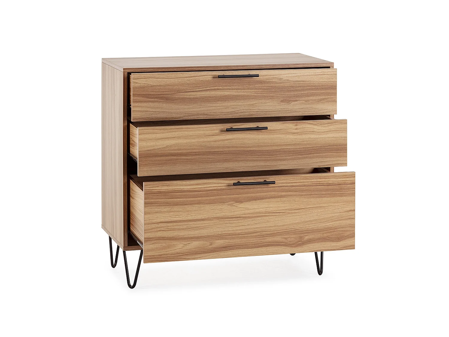 Cómoda de noche Alma 3 cajones color madera, pies metálicos