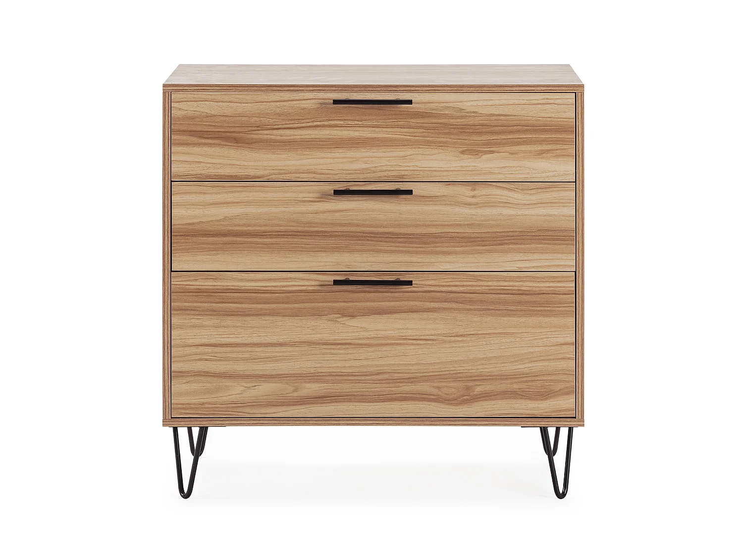 Cómoda de noche Alma 3 cajones color madera, pies metálicos