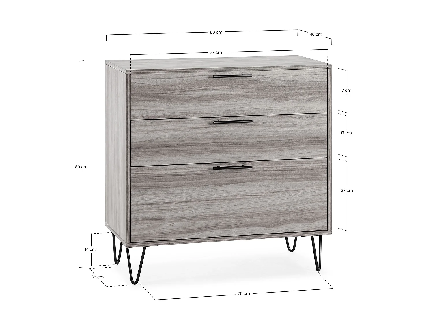 Cómoda de noche Alma 3 cajones color madera, pies metálicos