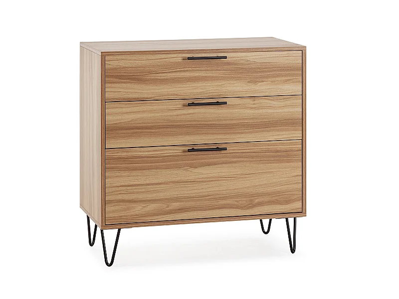 Commode de nuit Alma 3 tiroirs, coloris bois, pieds métal
