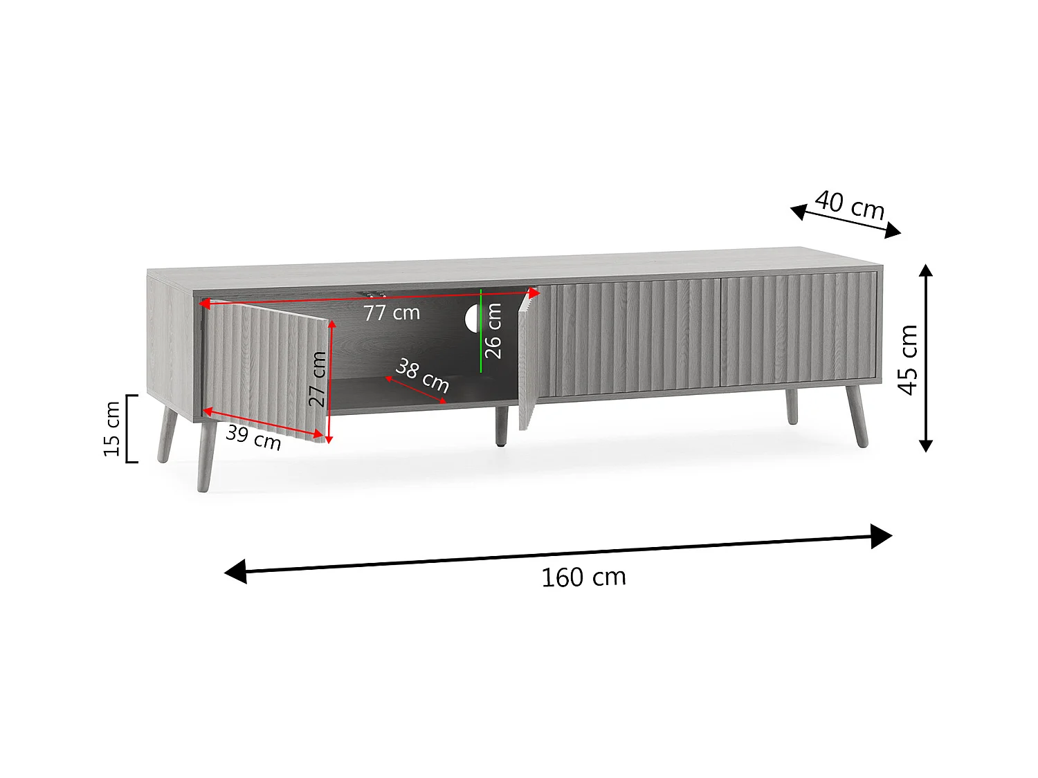 Meuble TV Lluvia 4 portes, coloris chêne, longueur 160 cm