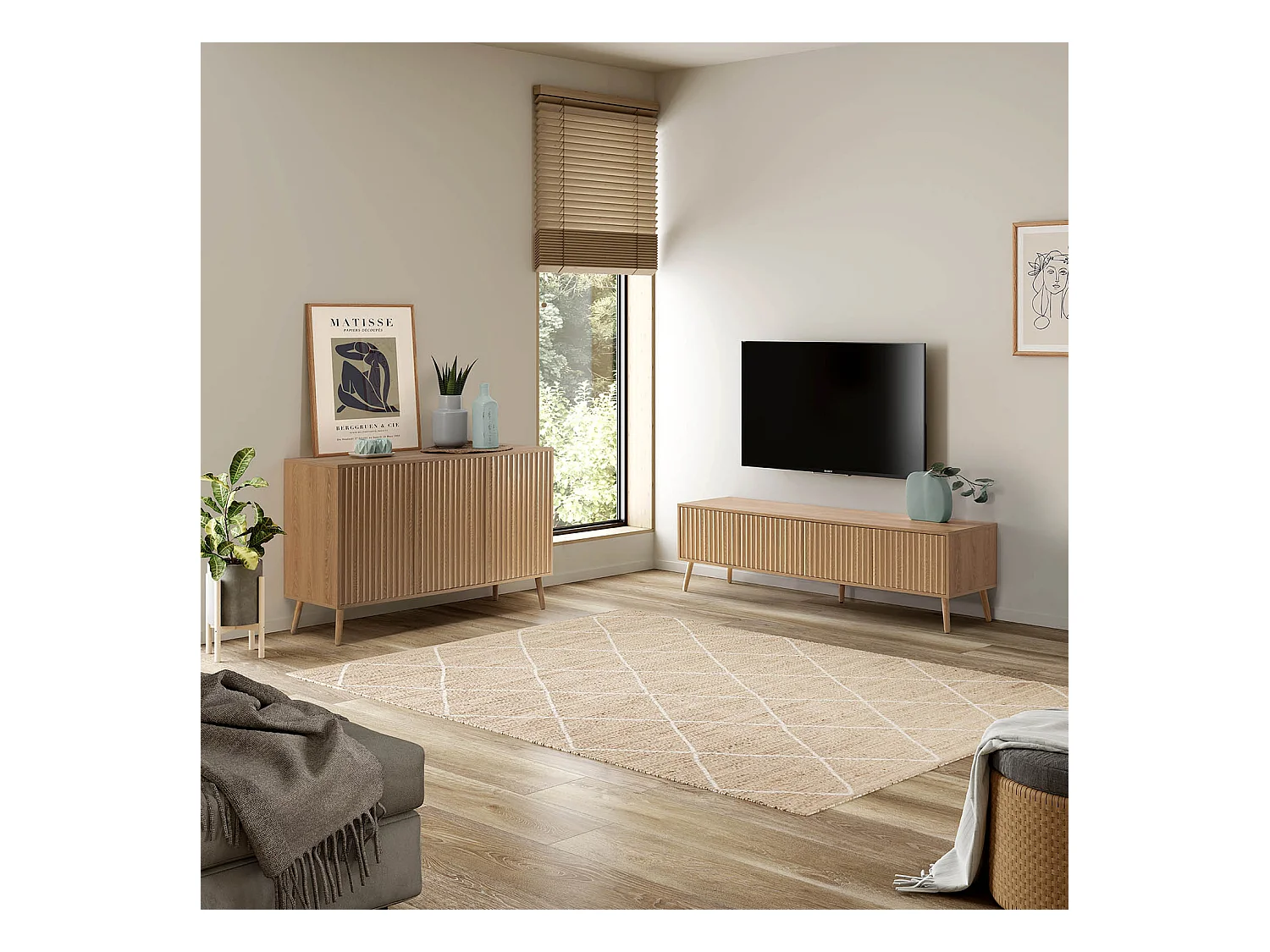 Meuble TV Lluvia 4 portes, coloris chêne, longueur 160 cm