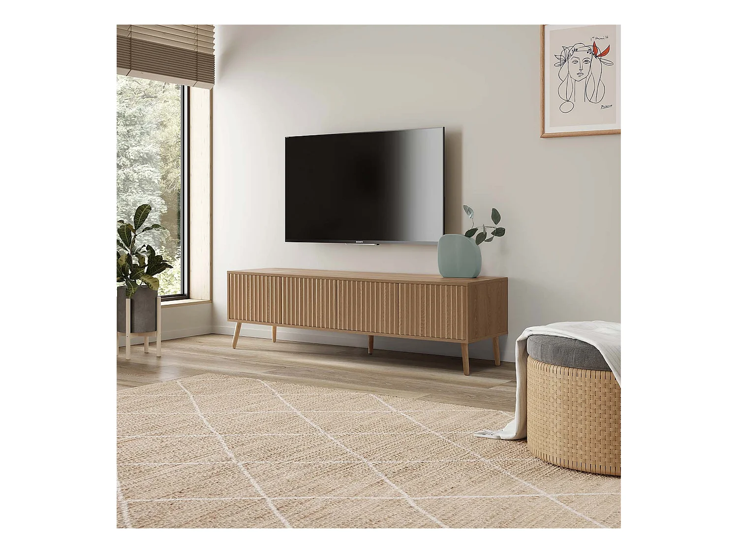 Meuble TV Lluvia 4 portes, coloris chêne, longueur 160 cm