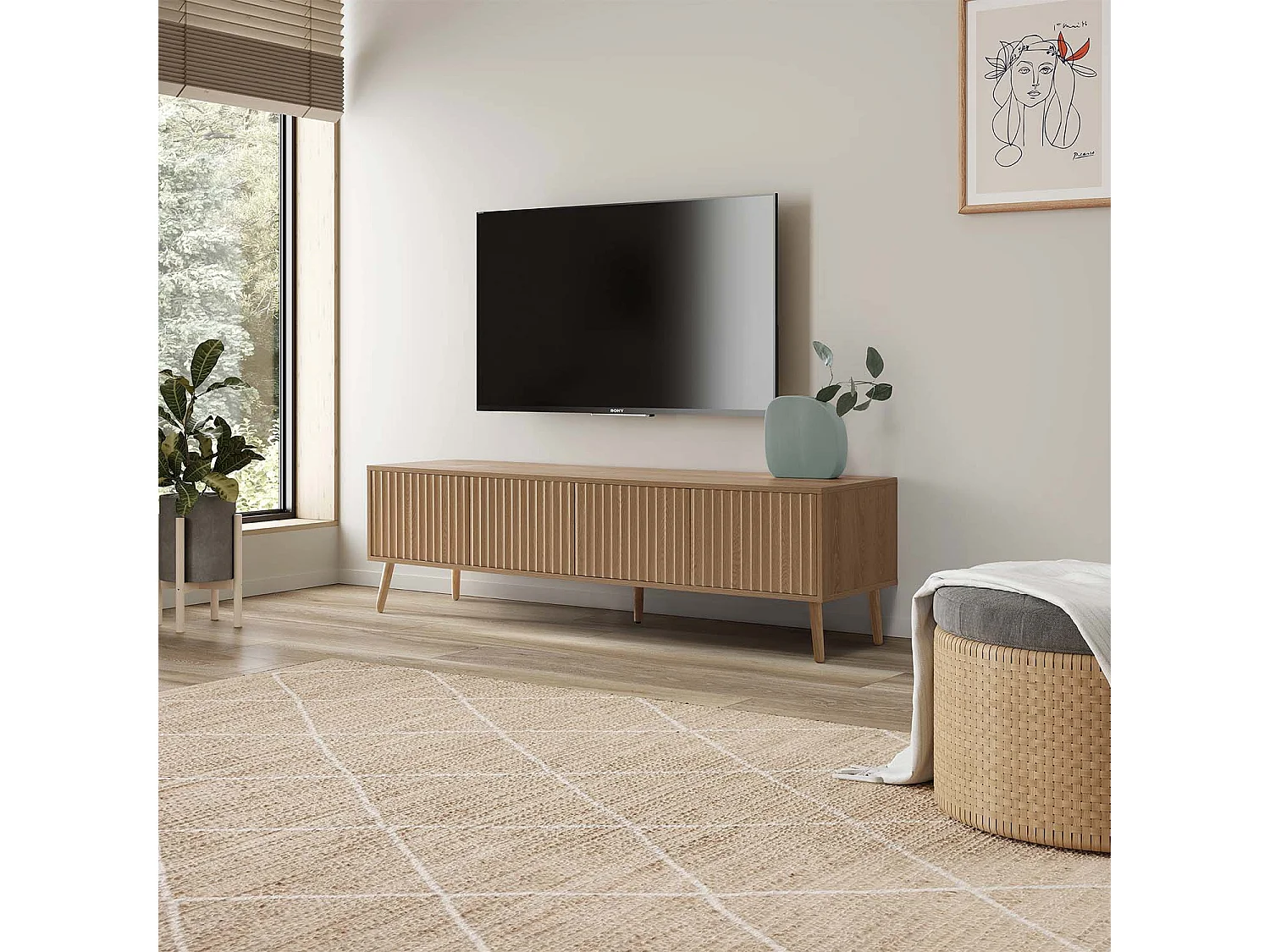 Móvel de TV Lluvia com 4 portas cor carvalho, 160 cm de comprimento.