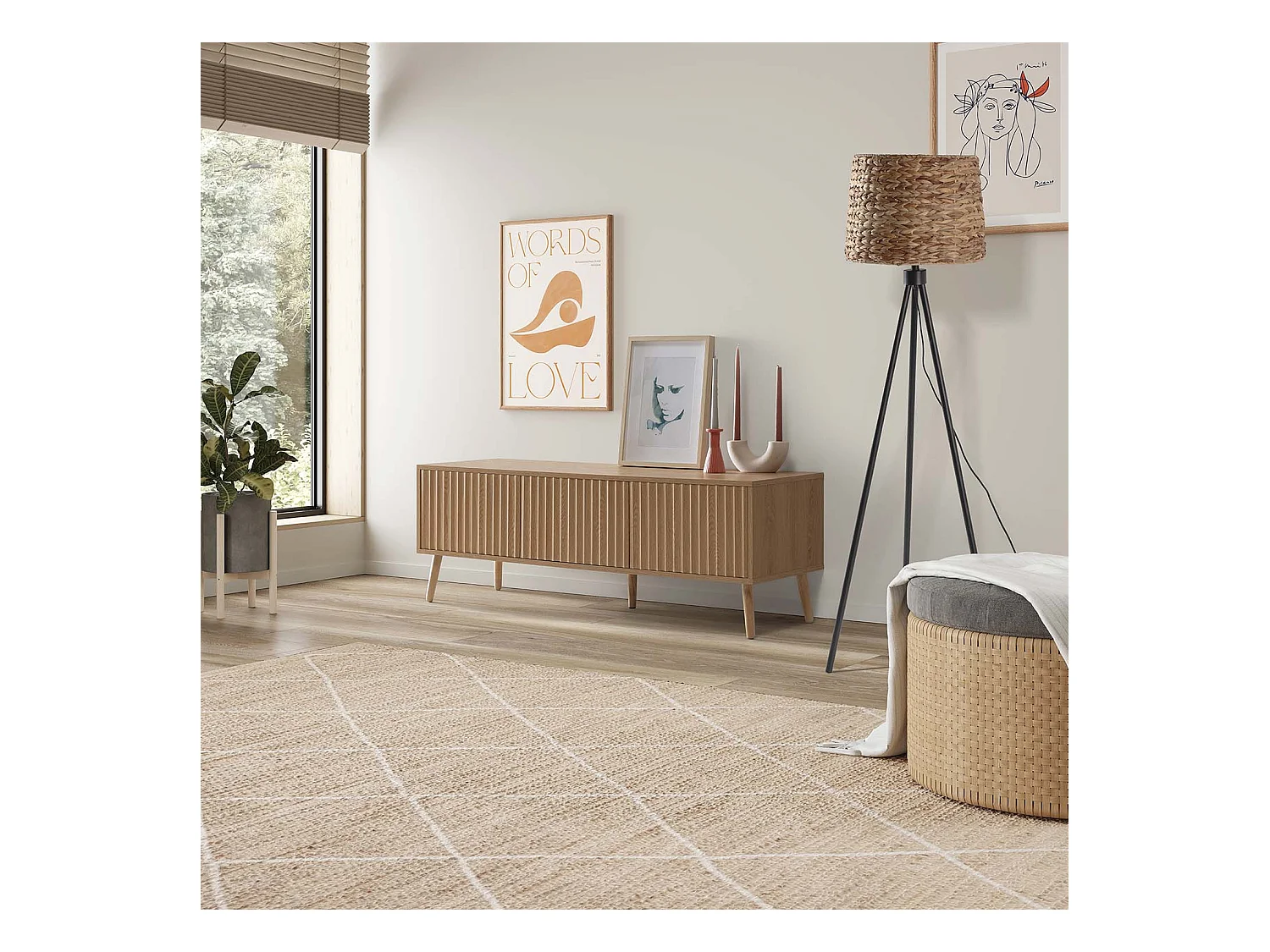 Staande lamp Kiomi van zeewier en metaal, hoogte 144 cm