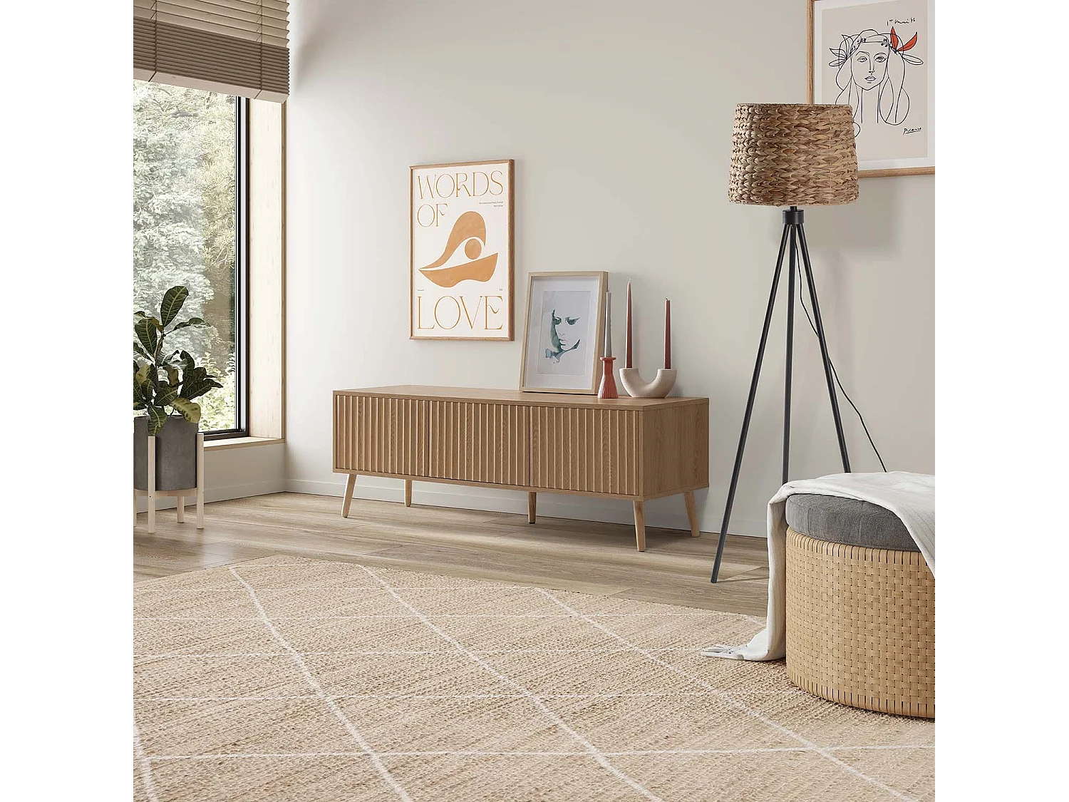 Lampadaire Kiomi en jonc de mer et métal, hauteur 144 cm