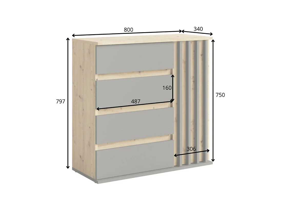Kast met 1 deur en 4 laden - eik en grijs - Collectie NEMO