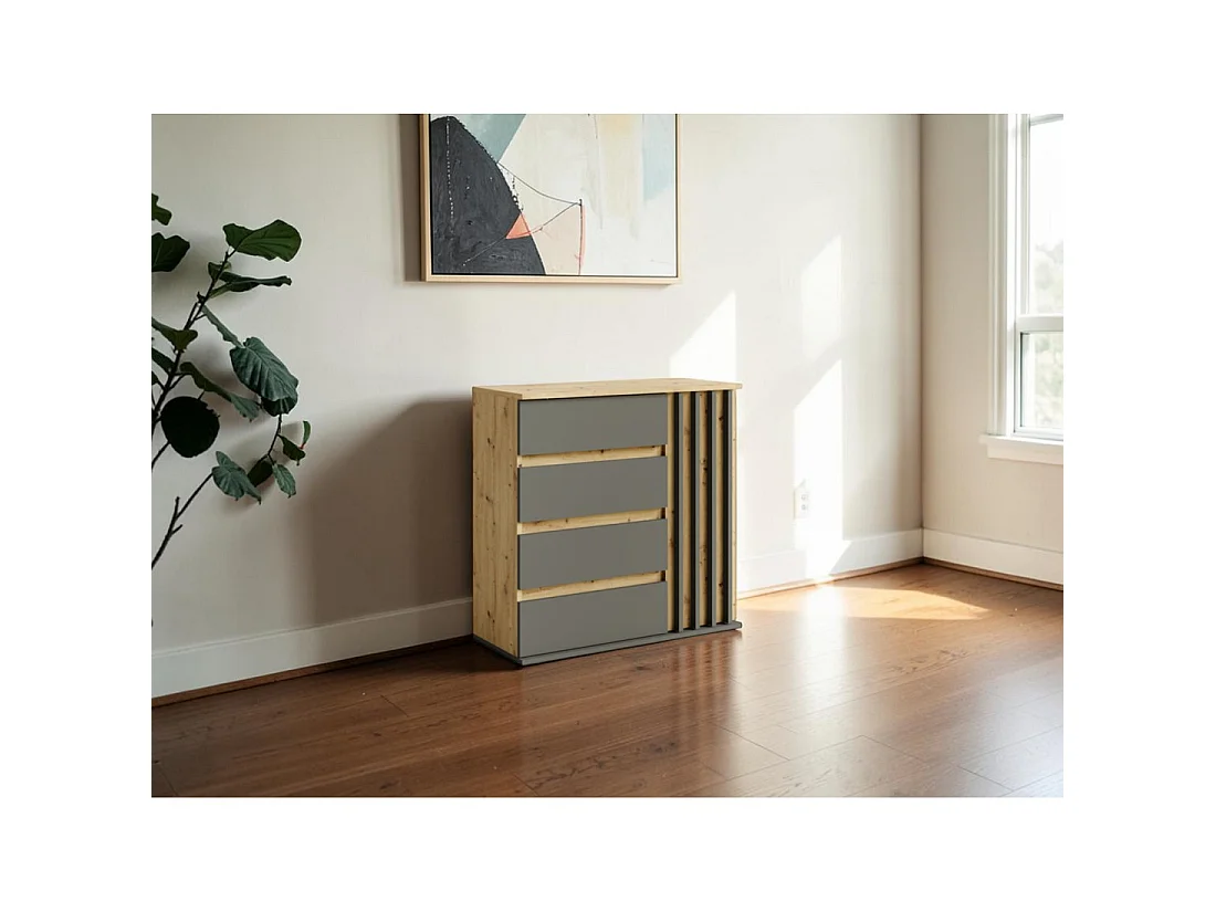 Kast met 1 deur en 4 laden - eik en grijs - Collectie NEMO