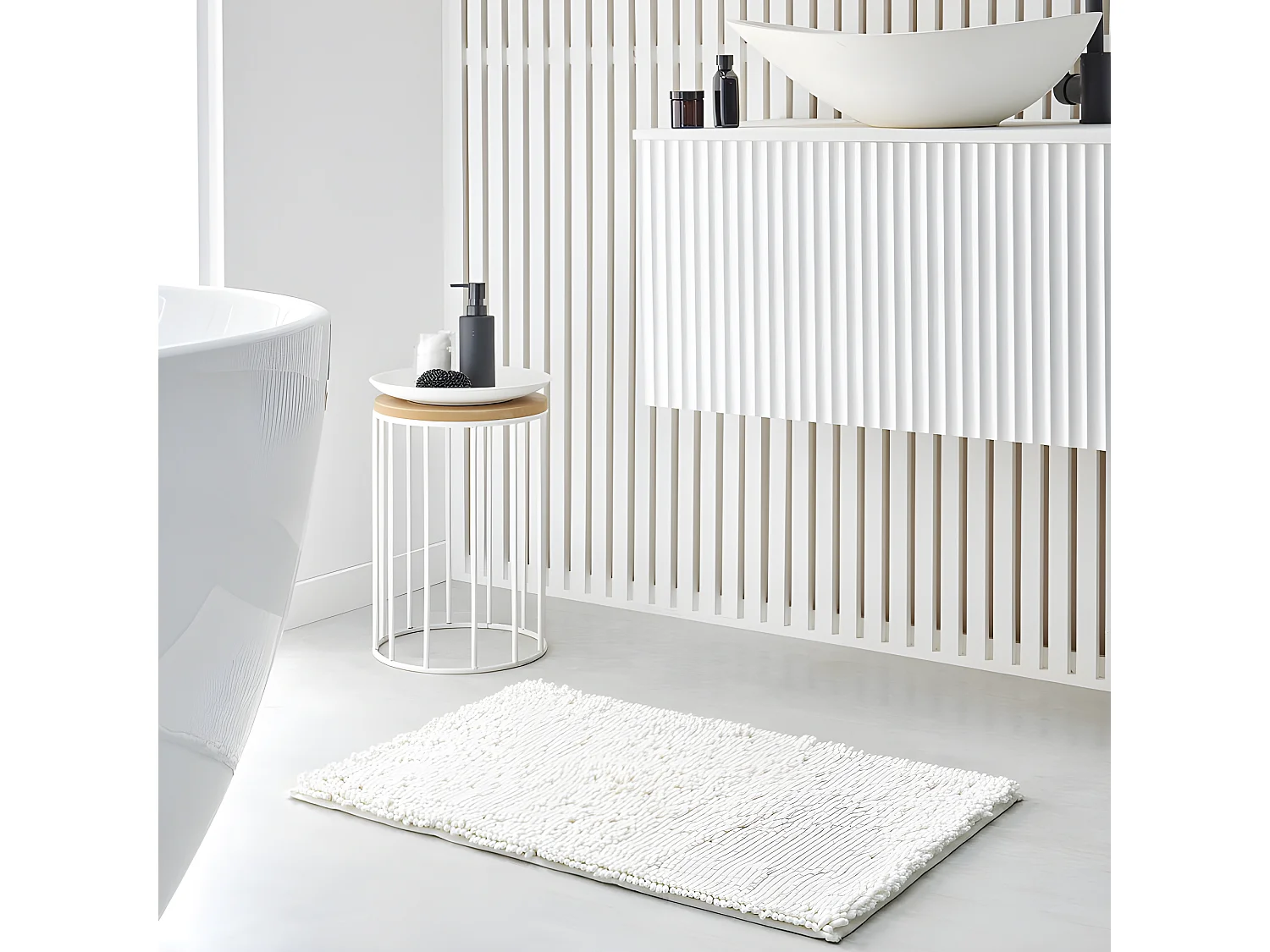 Alfombra de baño 100% poliéster diseño rulos, 1700 gramos m2 Blanco