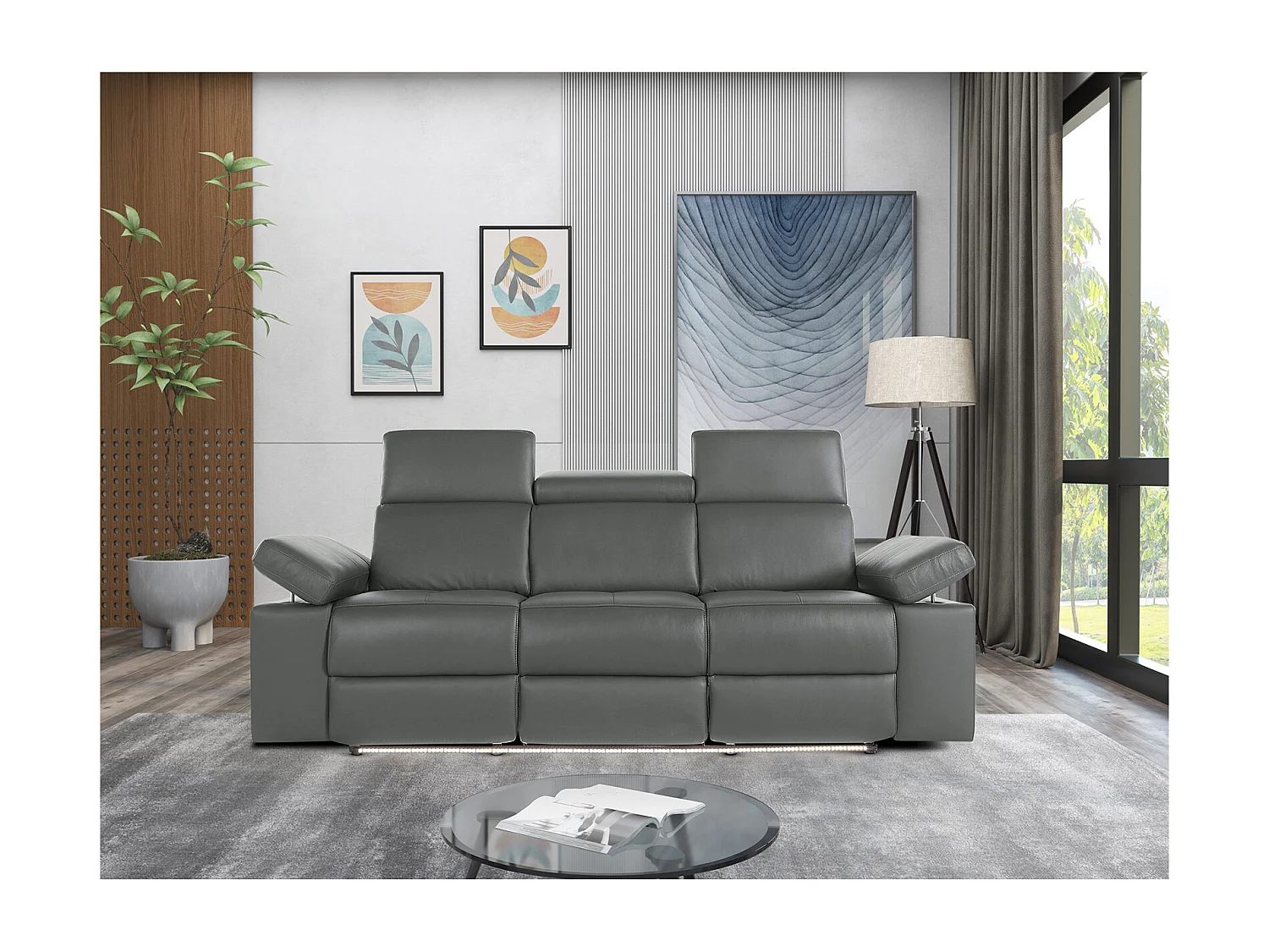 Rayland | Fauteuil relax 3 places manuel en cuir et PU gris