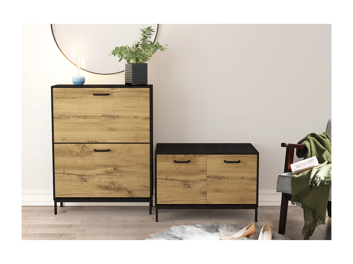 Rocco | Banc avec 2 portes en panneau de particules nature et noir