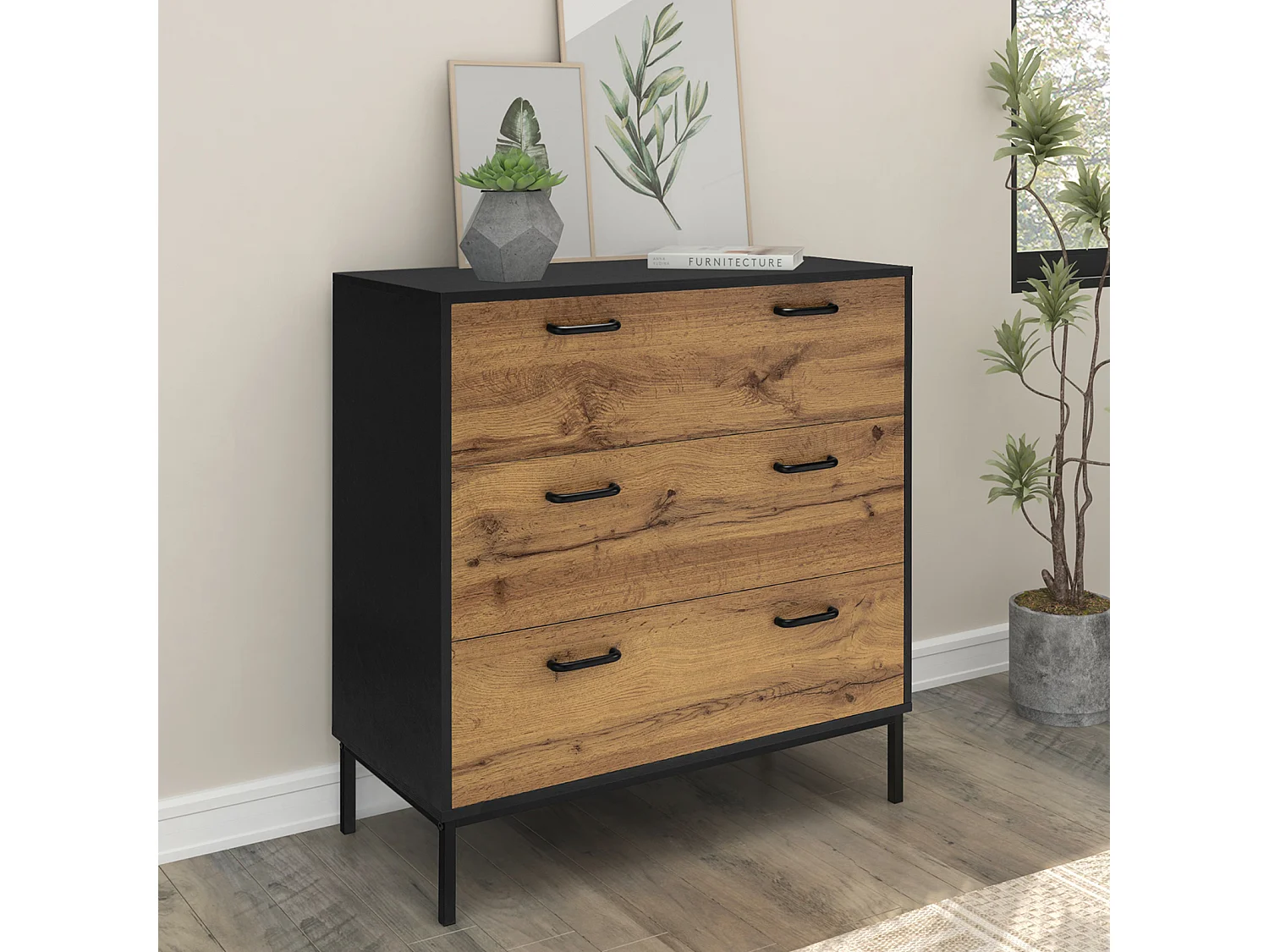 Rocco | Commode à 3 tiroirs en effet bois marron et noir