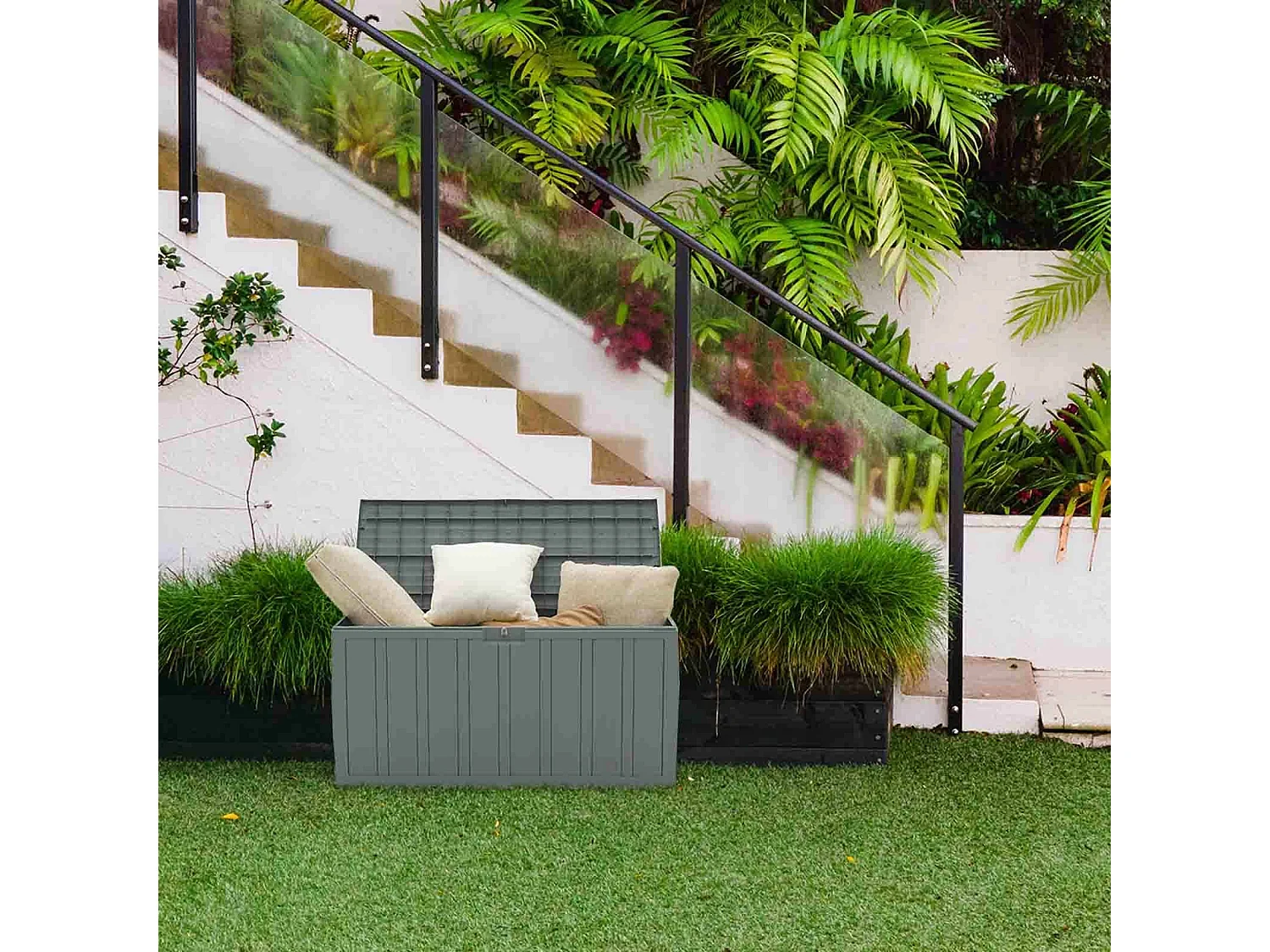 Coffre de Rangement en Résine Gardiun Top 117x45,5x57,50 cm 270L Montage par clic avec Système de Verrouillage Gris