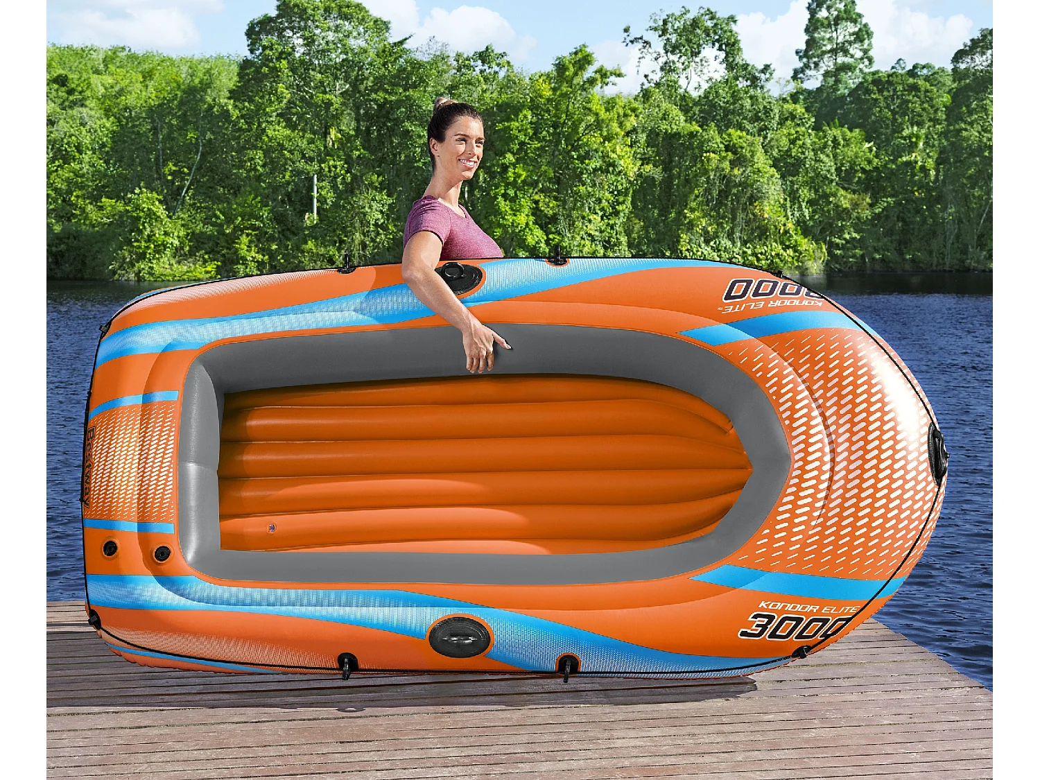 Bateau Gonflable pour 2 Adultes et 1 Enfant Bestway Kondor Elite 3000 Raft 246x122x45 cm avec Poignées et Sol Gonflable