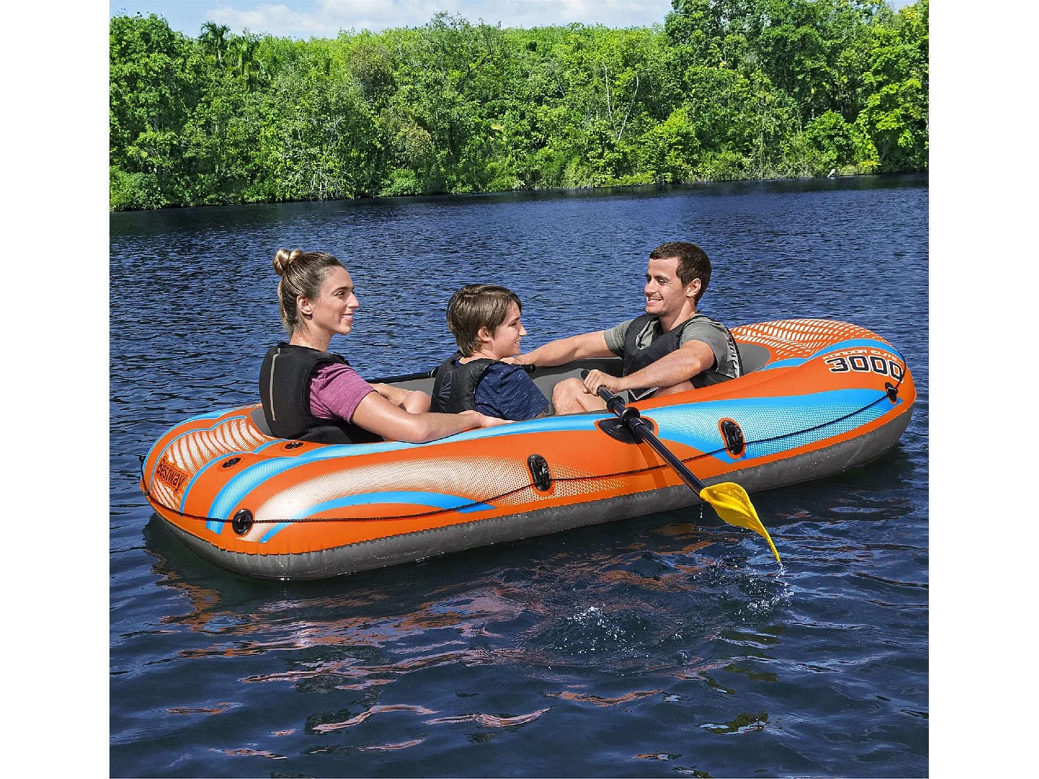 Barca Hinchable para 2 Adultos y 1 Niño Bestway Kondor Elite 3000 Raft 246x122x45 cm con 2 Remos y Bomba de Pie Incluida