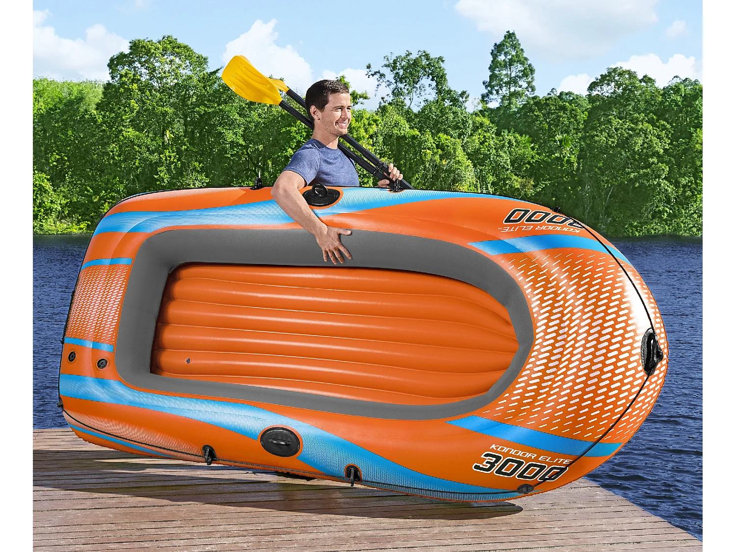 Barca Hinchable para 2 Adultos y 1 Niño Bestway Kondor Elite 3000 Raft 246x122x45 cm con 2 Remos y Bomba de Pie Incluida