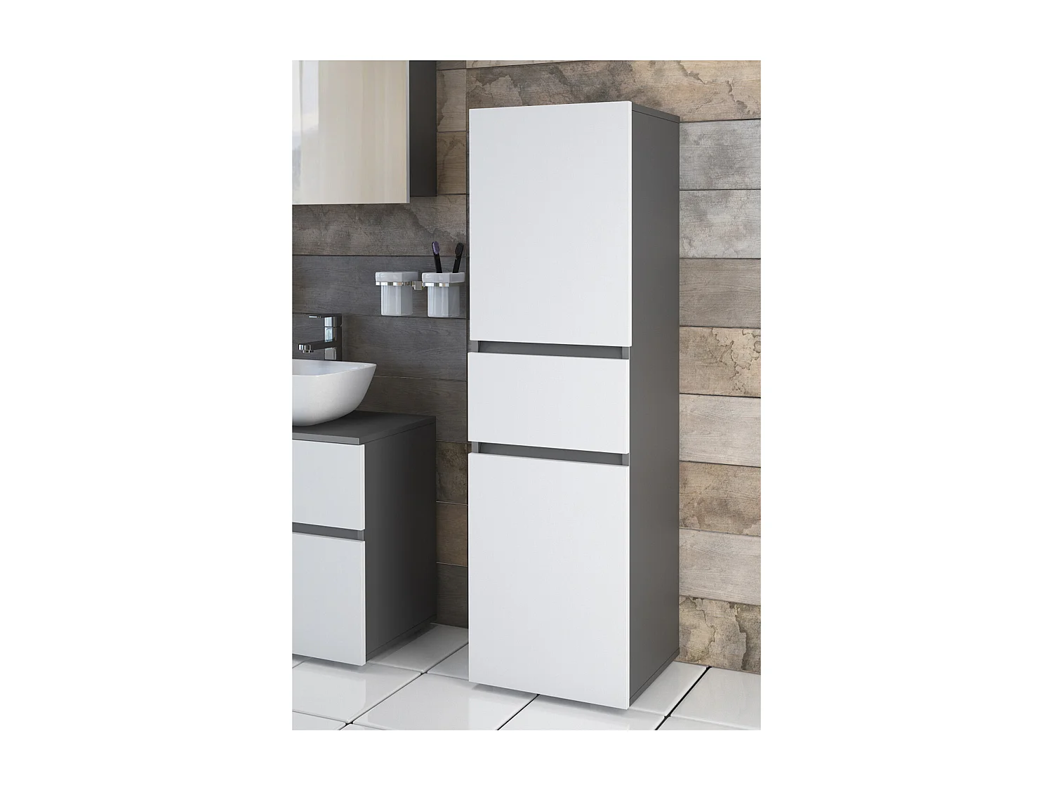 Wisla |Armoire midi avec 1 tiroir et 2 portes en effet bois blanc / anthracite