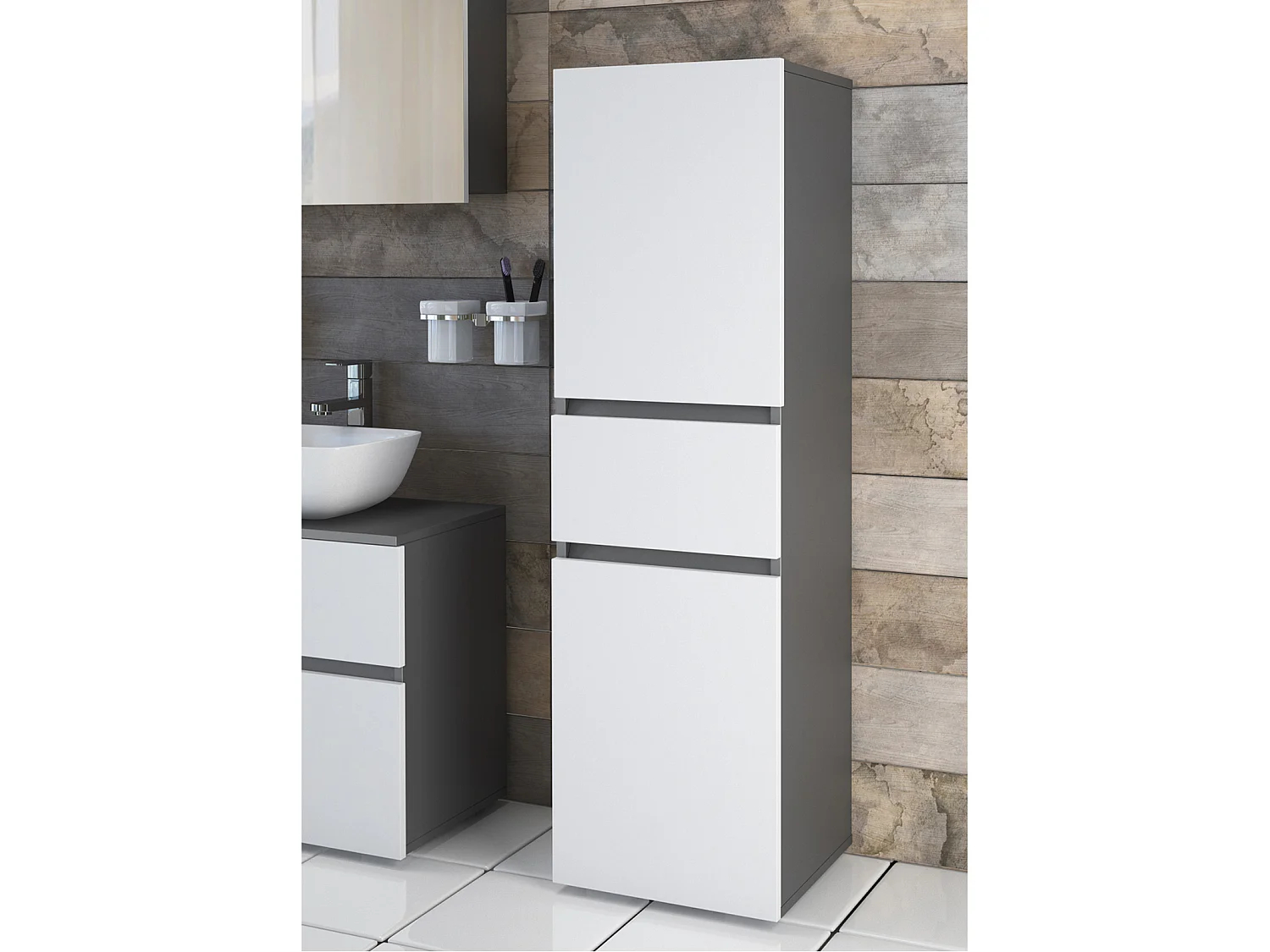 Wisla |Armoire midi avec 1 tiroir et 2 portes en effet bois blanc / anthracite