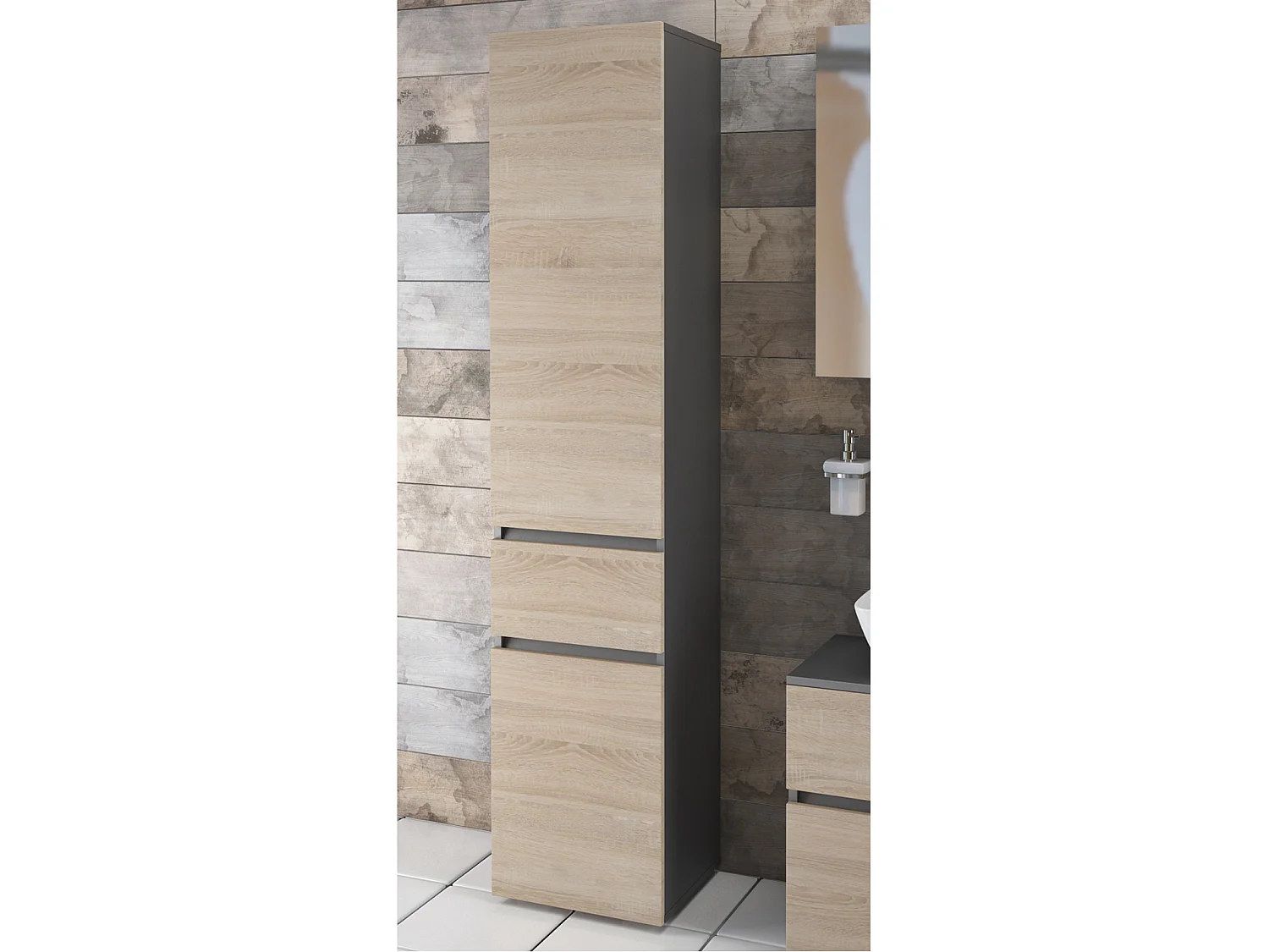 Wisla |Armoire haute avec 1 tiroir et 2 portes en effet chêne / anthracite