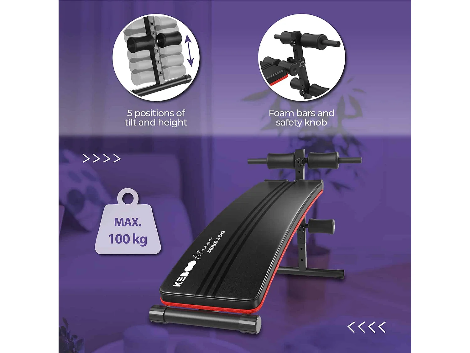Banco de Abdominales y Musculación Keboo Fitness Serie 300 y con 5 Posiciones 145x47x70 cm