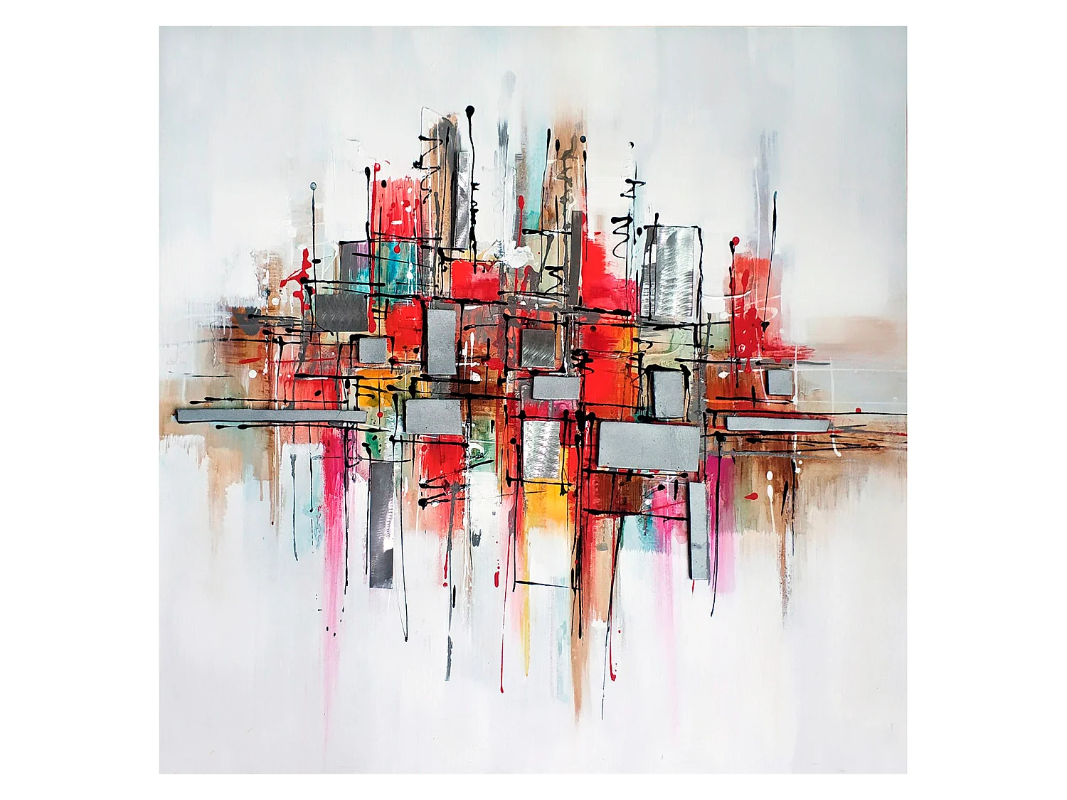 Tableau Peinture Abstraite Kuatéh 100x100 cm Collage 3D avec Aluminium