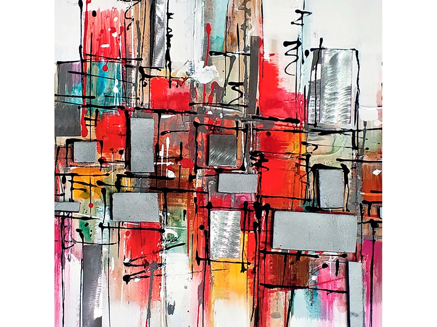 Tableau Peinture Abstraite Kuatéh 100x100 cm Collage 3D avec Aluminium