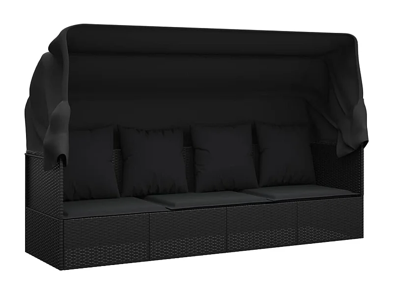 Cama lounge de exterior con techo y cojines 203 x 58 x 56 cm resina tejida negra 02_0012023