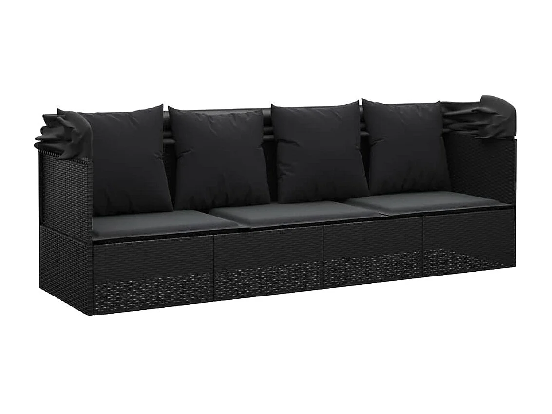 Lettino da esterno con tetto e cuscini 203 x 58 x 56 cm resina intrecciata nera 02_0012023