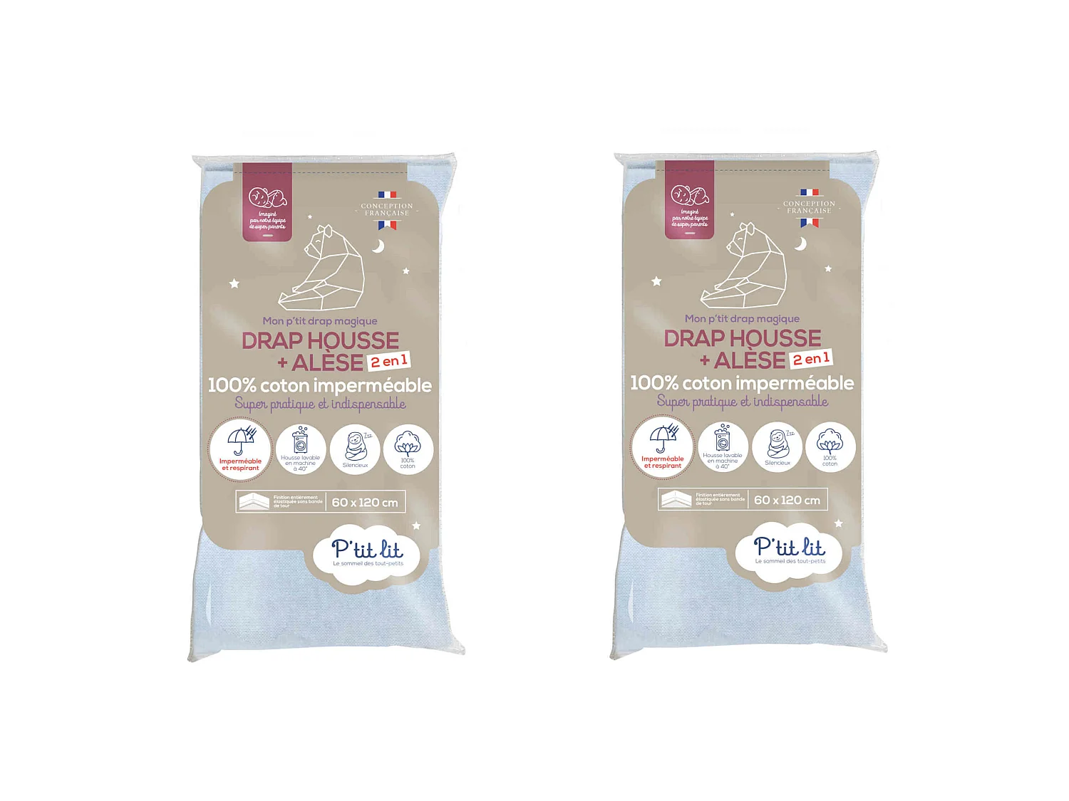 Lot de 2 draps housses bébé + alèses 2 en 1 coton imperméable gris 70x140 cm