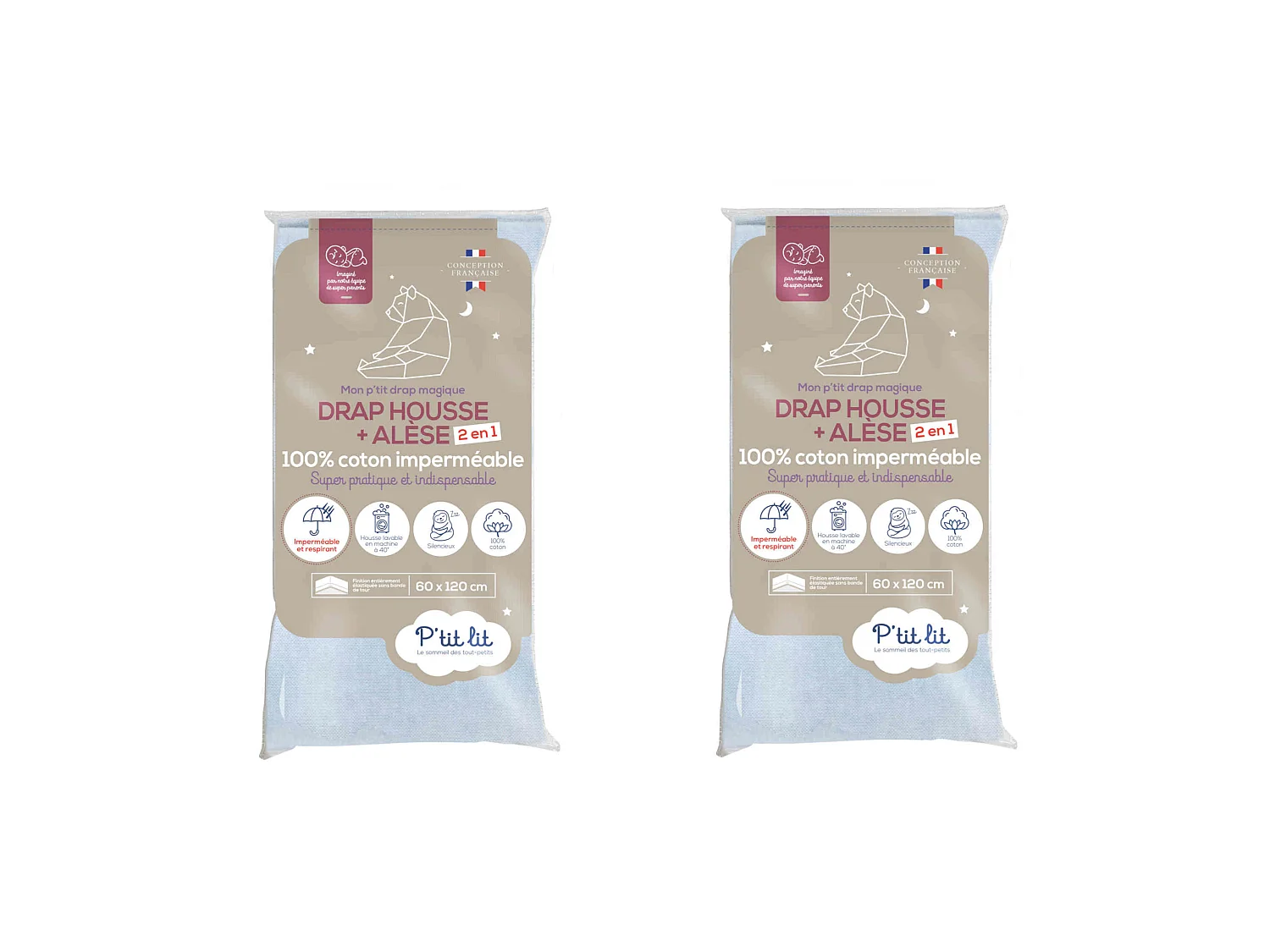 Lot de 2 draps housses bébé + alèses 2 en 1 coton imperméable gris 70x140 cm