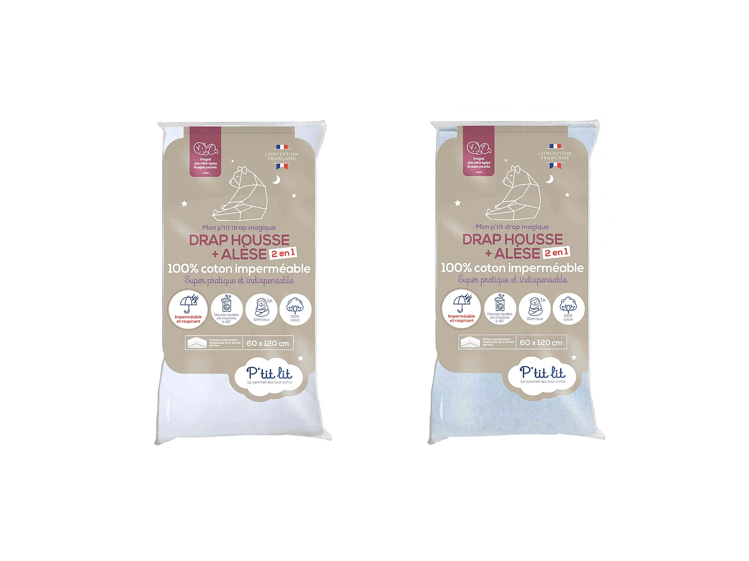 Lot de 2 draps housses bébé + alèses 2 en 1 coton imperméable blanc et gris 70x140 cm