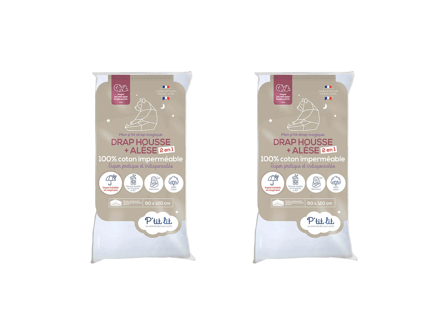 Lot de 2 draps housses bébé + alèses 2 en 1 coton imperméable blanc 60x120 cm