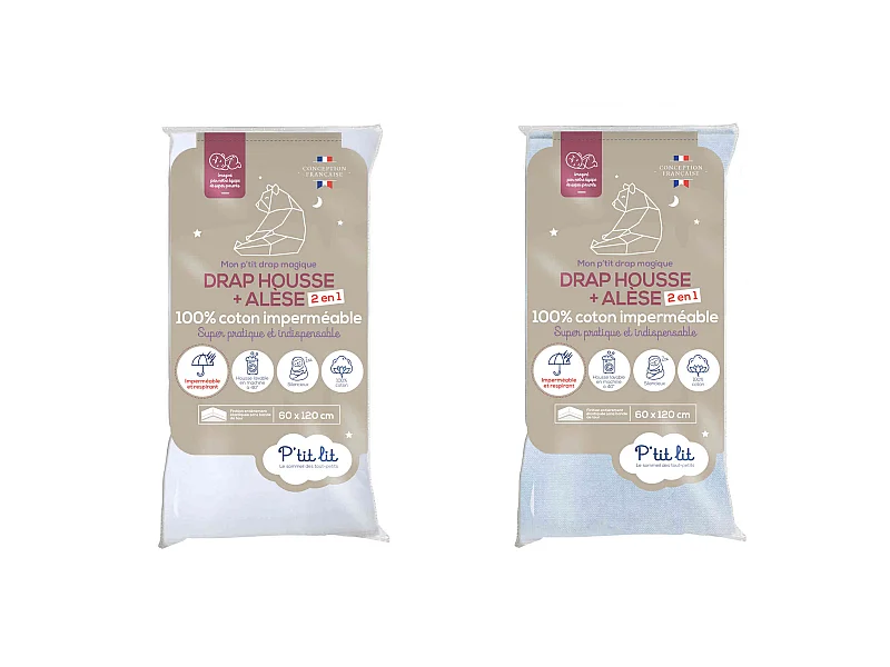 Lot de 2 draps housses bébé + alèses 2 en 1 coton imperméable blanc et gris 60x120 cm