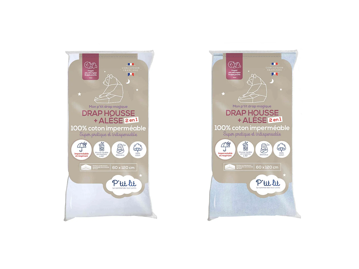 Lot de 2 draps housses bébé + alèses 2 en 1 coton imperméable blanc et gris 60x120 cm