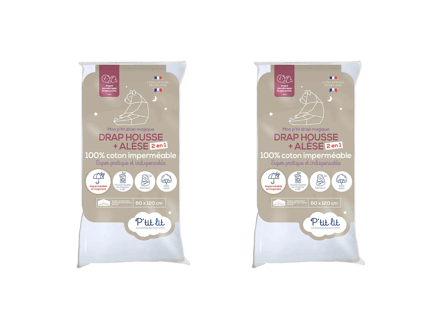 Lot de 2 draps housses bébé + alèses 2 en 1 coton imperméable blanc 70x140 cm