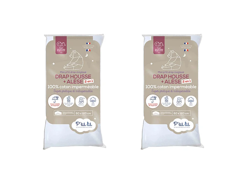Lot de 2 draps housses bébé + alèses 2 en 1 coton imperméable blanc 70x140 cm