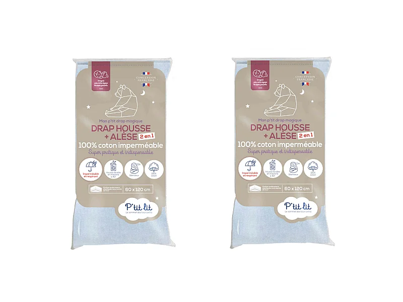 Lot de 2 draps housses bébé + alèses 2 en 1 coton imperméable gris 60x120 cm