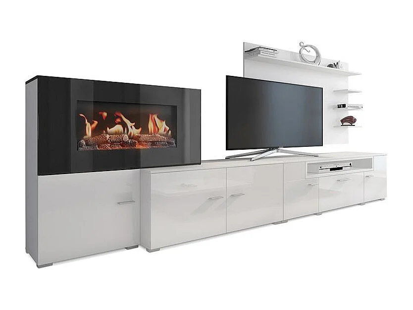 Mobili da soggiorno con camino elettrico a 5 livelli di fiamme, finitura Bianco Opaco e Laccato Bianco Chiaro, 290x45x170cm