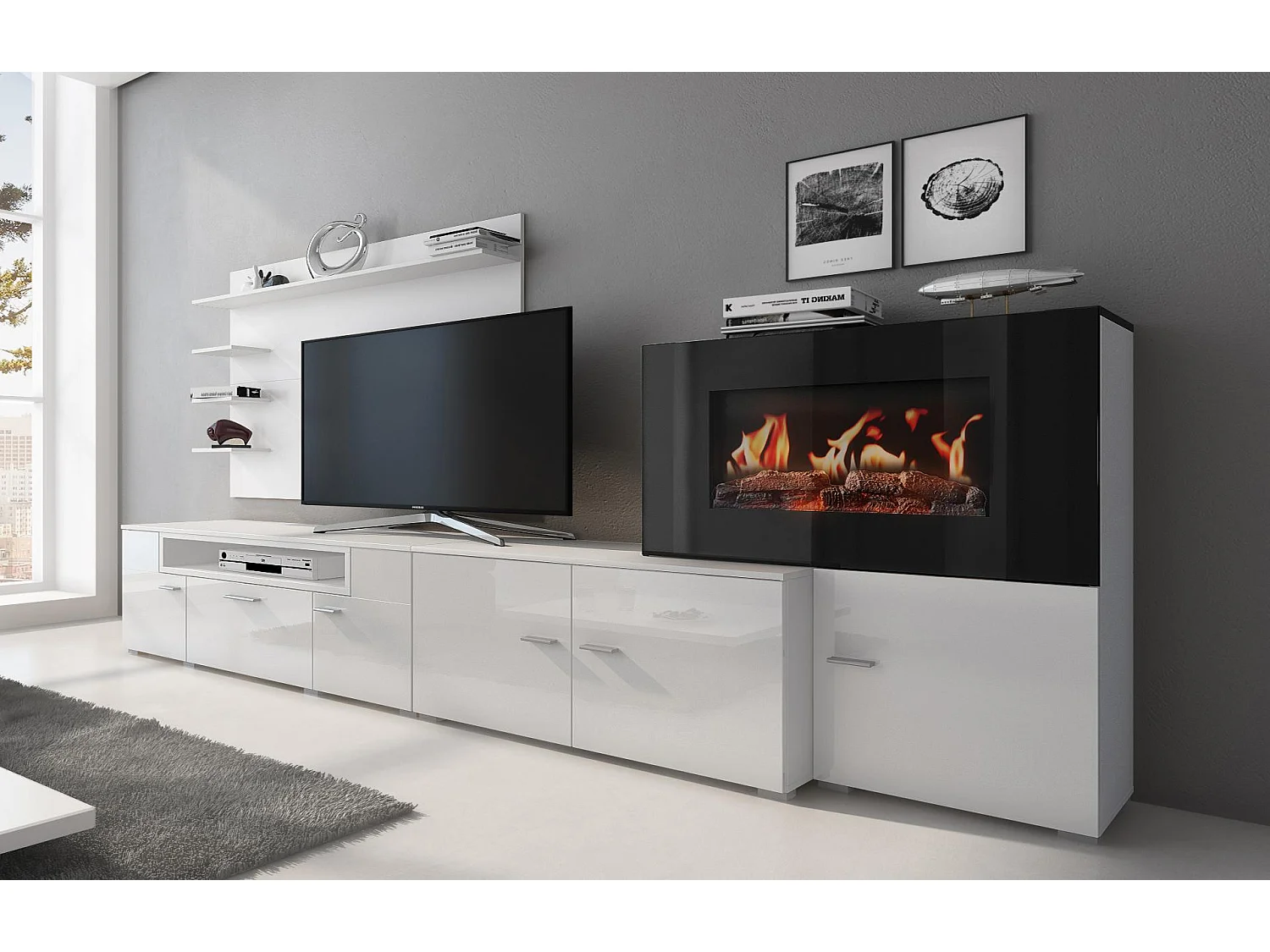 Mobili da soggiorno con camino elettrico a 5 livelli di fiamme, finitura Bianco Opaco e Laccato Bianco Chiaro, 290x45x170cm