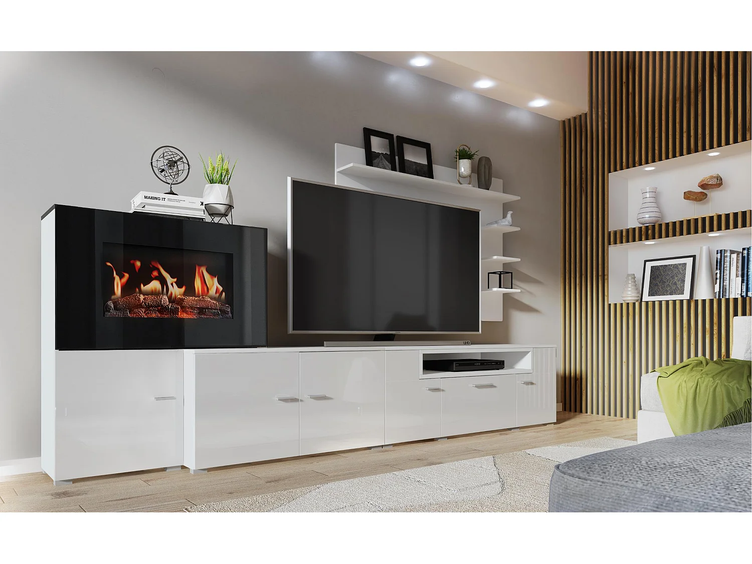 Mobili da soggiorno con camino elettrico a 5 livelli di fiamme, finitura Bianco Opaco e Laccato Bianco Chiaro, 290x45x170cm