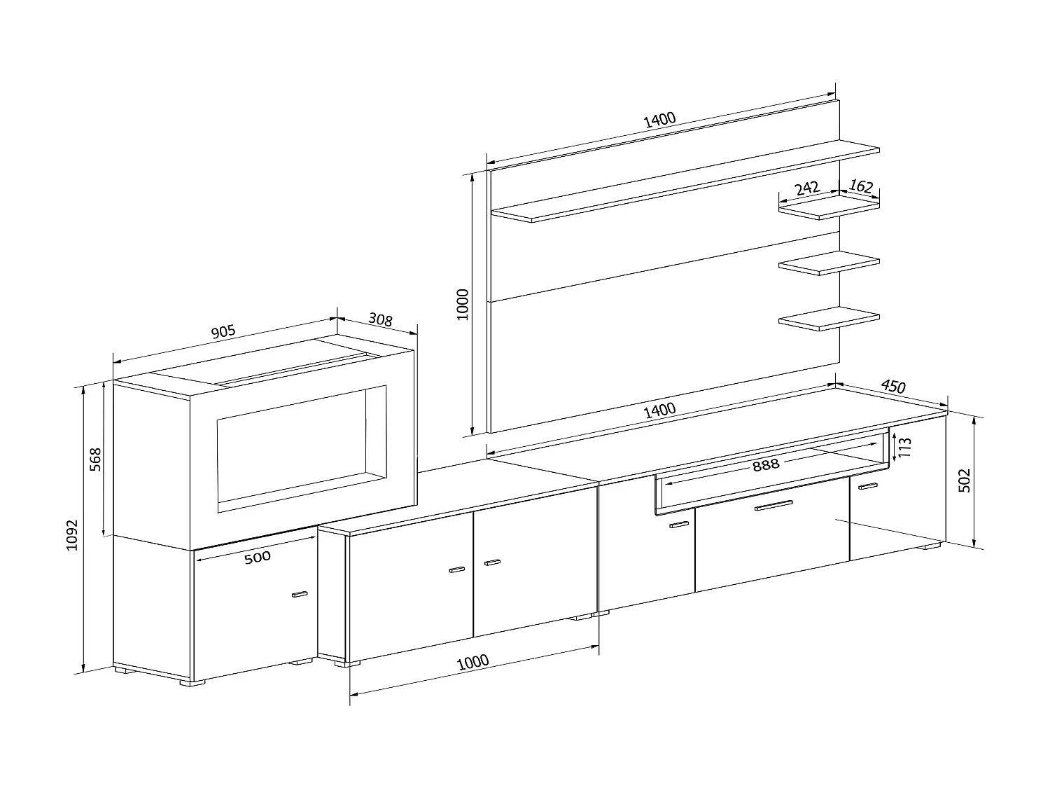 Mueble salón comedor con chimenea eléctrica, acabado Blanco Mate/Blanco Brillo Lacado, 290x45x170cm